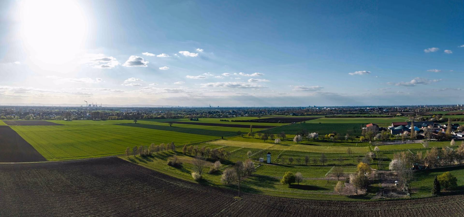 Expansive cultivated fields stretching to the horizon under open sky